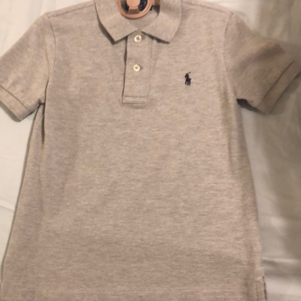 Polo Ralph Lauren gray shirt sleeve polo shirt with Navy logo.  EUC.  Size 5
